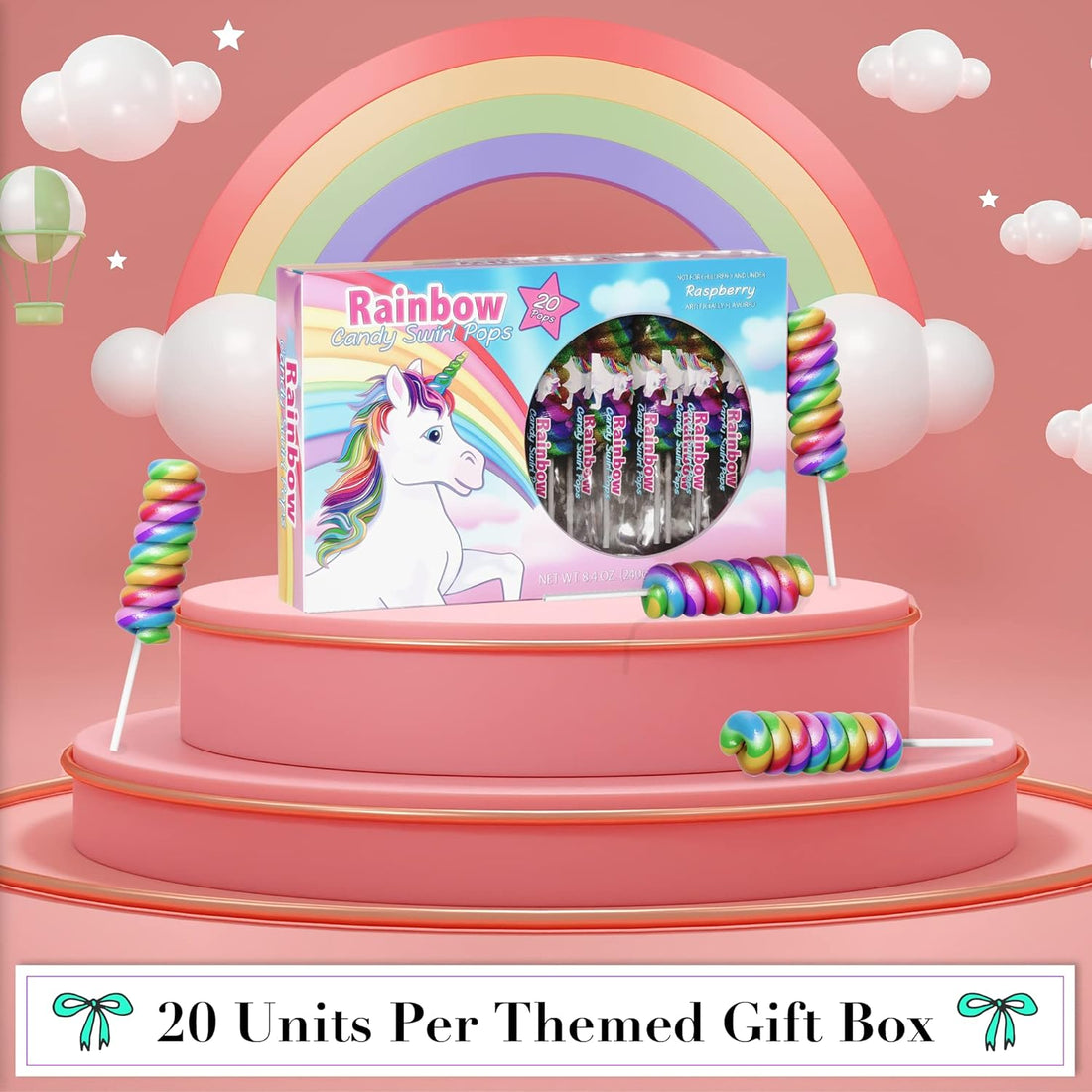 Unicorn lollipop gift box with rainbow candy swirl pops on display