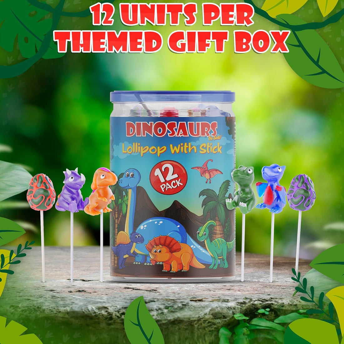 Dinosaur lollipop display featuring colorful dino-themed candy treats.