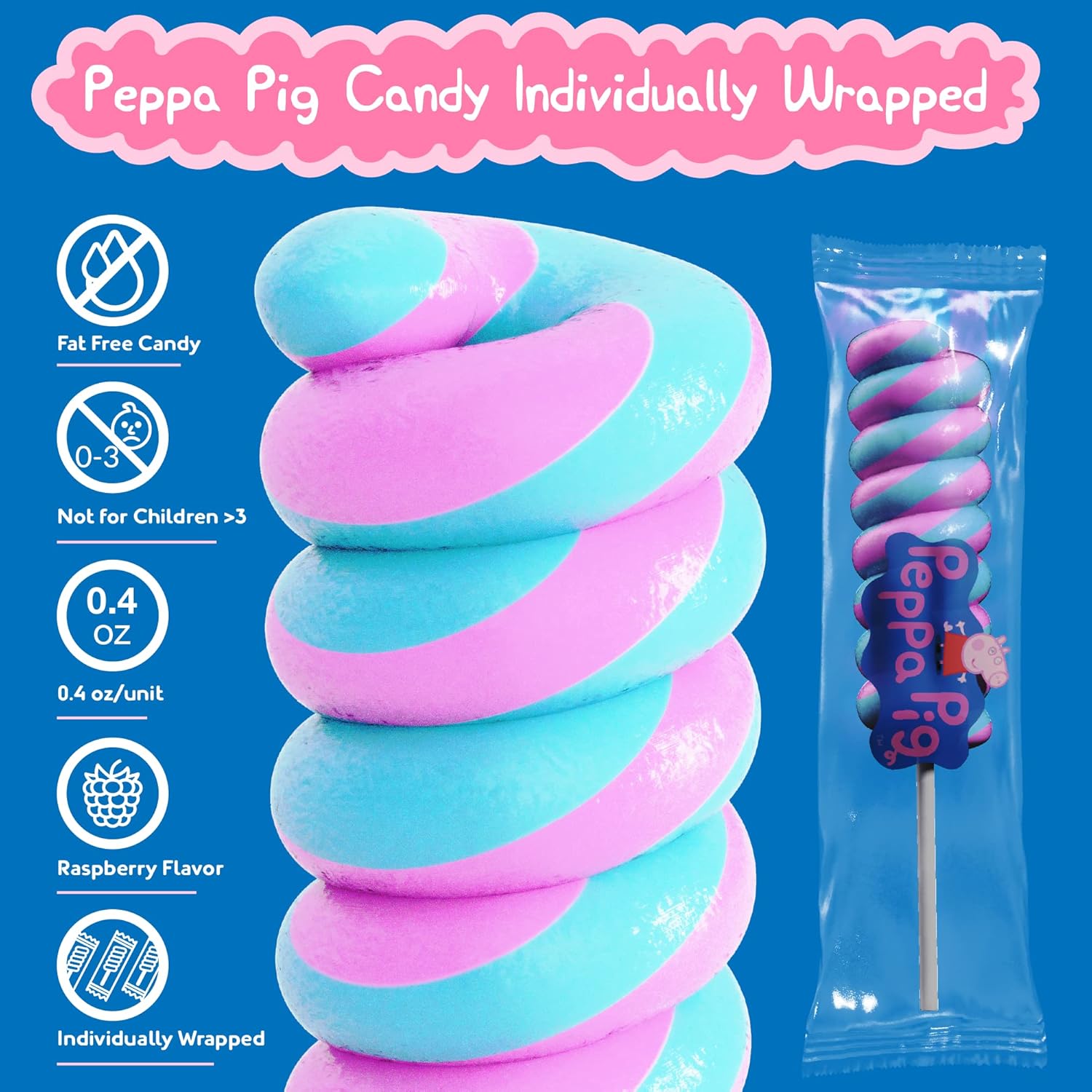 Raspberry flavored Peppa Pig lollipop with swirl design
